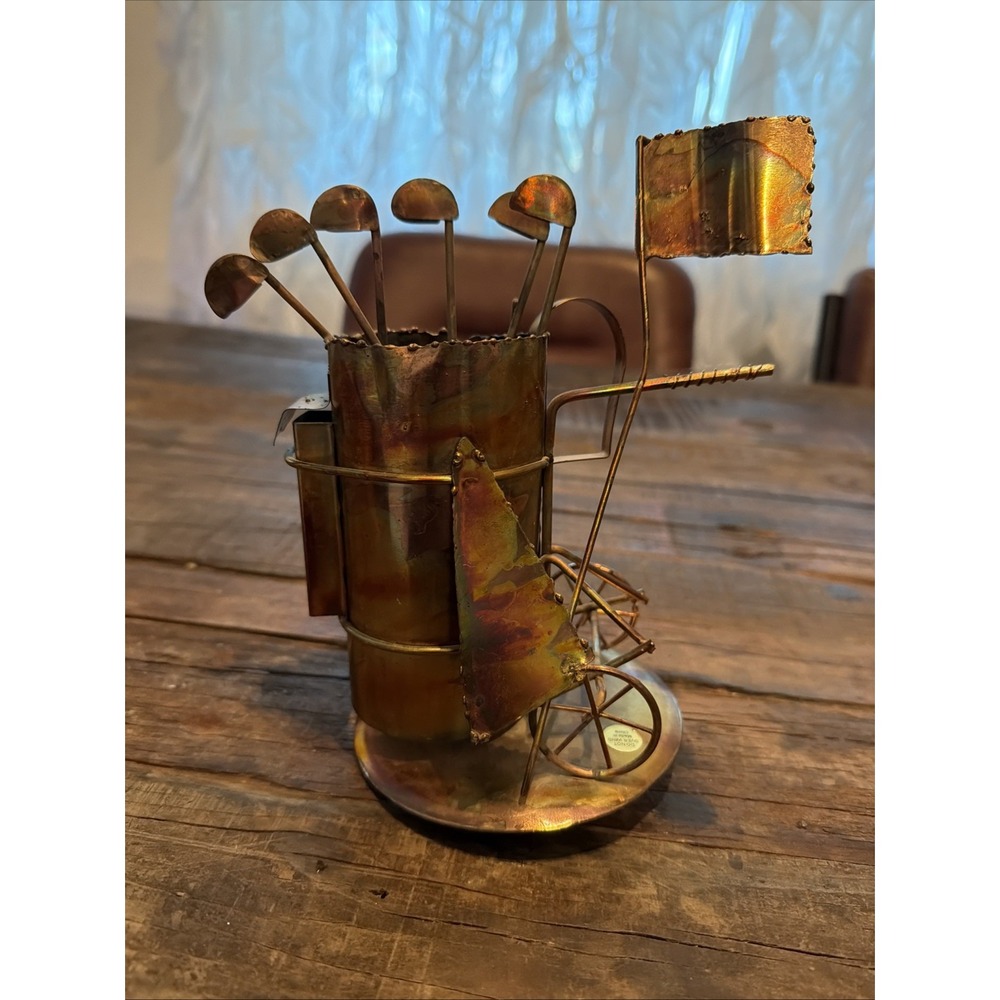 Copper Metal Golf Bag Cart WindUp Music Box Rotating Whimsical Sculpture No Box!
